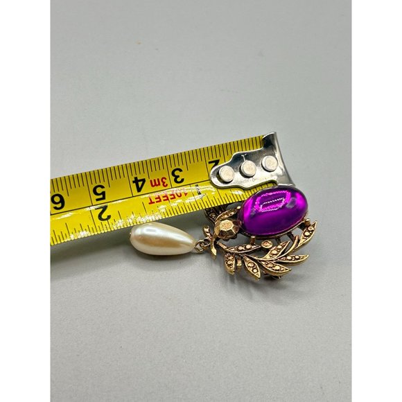 Fuchsia Purple Pin Brooch Pearl Drop Gold Tone 80s 90s Jewelry Acrylic Cabochon - Picture 6 of 6